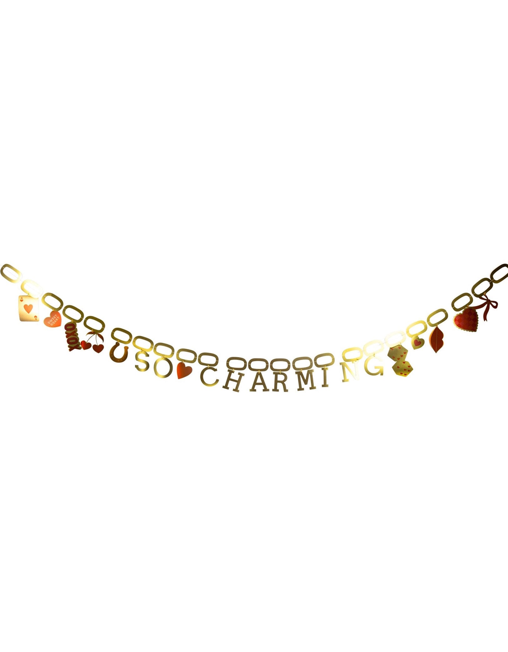 Momo Party's 7 ft Valentine's Day decorative garland with 'So Charming' text  and paper charm elements in gold foil by My Mind's Eye on a white background.