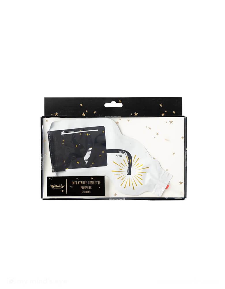 The package of Momopartys's Happy New Year Confetti Poppers by My Mind's Eye. Comes in a set of 12 confetti poppers, these fun poppers are perfect for your New Year countdown party. Simply inflate the popper with the straw and squeeze to pop the sparkly confetti.