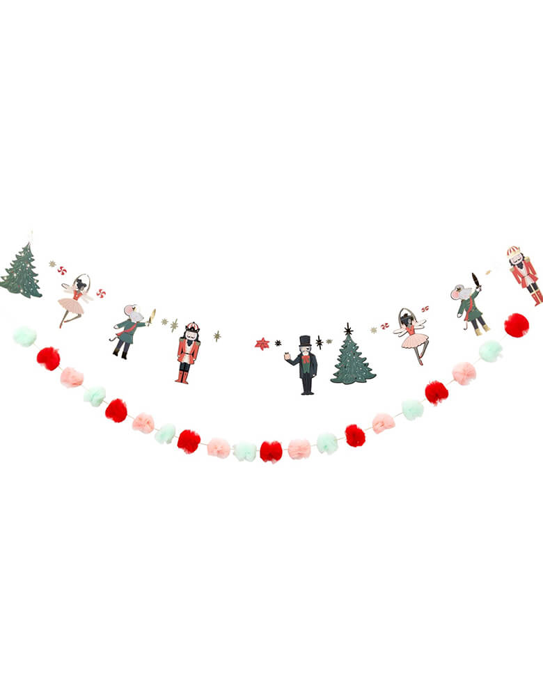Momo Party's 6' Nutcracker Banner Set by Momopartys. Featuring charming nutcracker icons, this banner set is sure to bring joy and merriment to any room. Hang it on your mantel, above your doorway, or anywhere else you want to add a festive touch. This set includes two banners, approximately 6' long each. Each Includes paper icon banner and tulle pom pom banner
Nutcracker pieces are approximately 9" tall. Pom poms are 2"