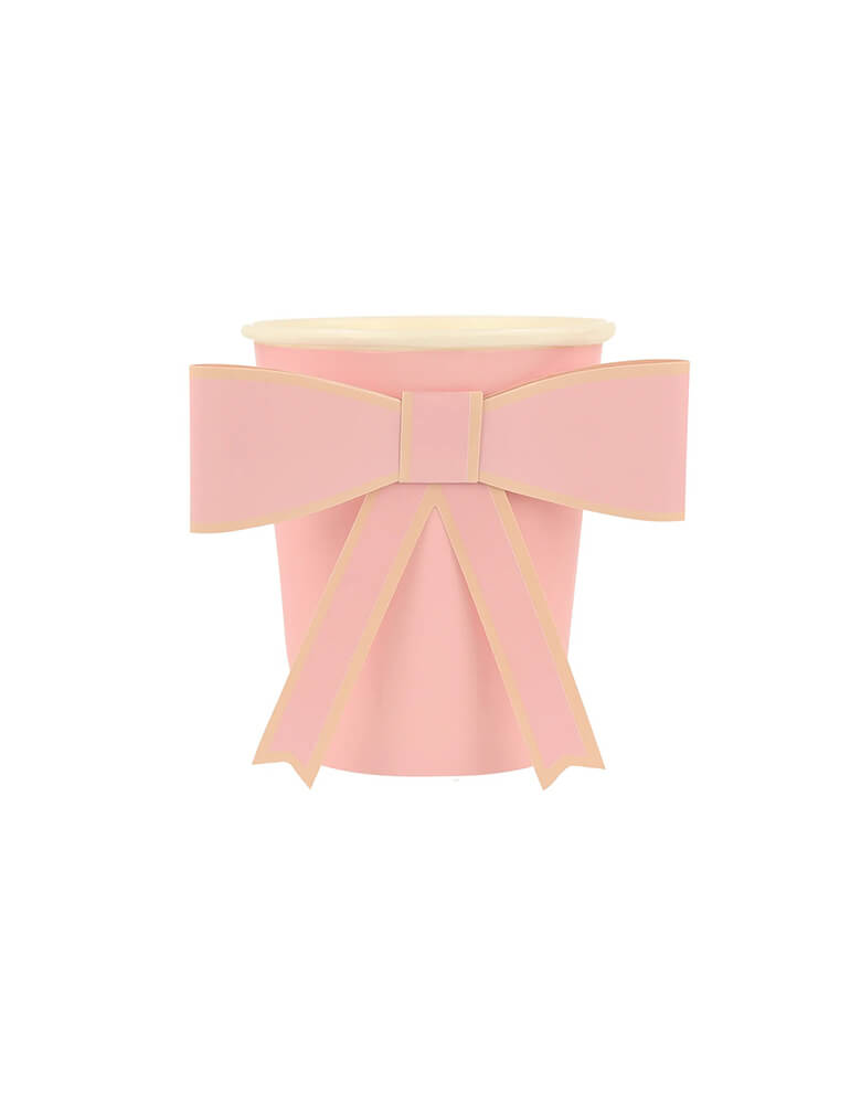  Momopartys's 9oz Pastel Bow Cups in 8 colors by Meri Meir. Pack of 8 3D pale pink, pink, dark pink, ivory, yellow, peach, mint and blue cups with co-ordinating bows.