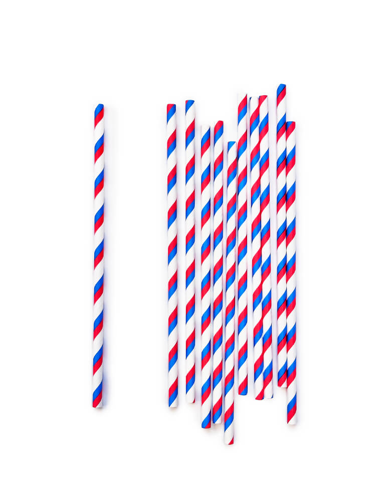 Momo Party's Patriotic red, white and blue striped paper straws. Grab these eco-friendly paper straws with star and stripes n for your 4th of July or any patriotic themed party!