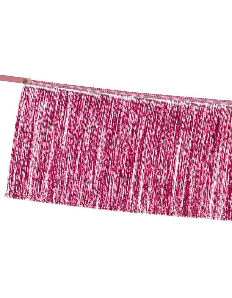 A close-up of Momopartys's 4.43 ft Pink Fringe Garland by Party Deco. Perfect for any celebration, it'll add just the right touch of shimmer. You'll love it for festive holidays or princess-themed gatherings!