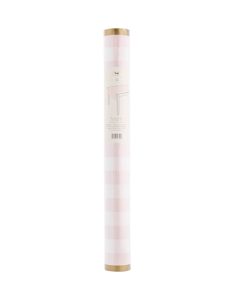 Momo Party's 16 x 120 inches Pink Gingham Paper Table Runner by My Mind's Eye. Add a touch of whimsy to your spring or Easter table setting with our Pink Gingham Paper Table Runner. This elegant runner features gold edging, adding a touch of sophistication to your decor. Perfect for a fun and playful touch to your next gathering. It's perfect for girl's birthday parties like a ballerina, princess, or fairy themed parties.
