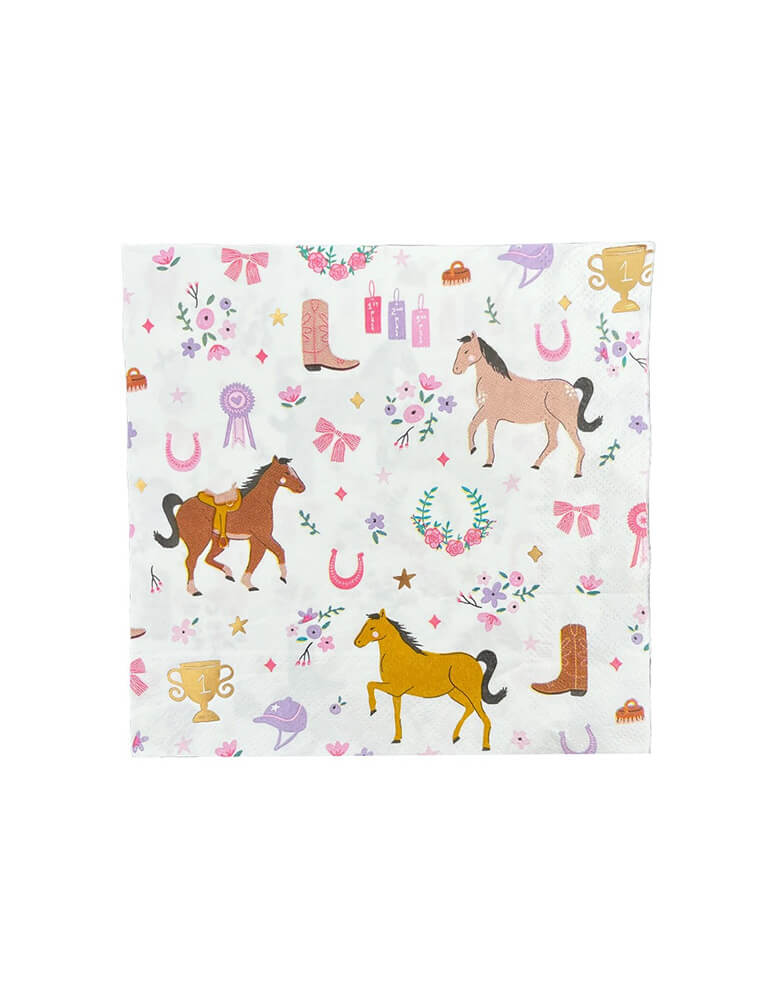Momo Party's 6.5" x 6.5" Pony Tale Large Napkins by Daydream Society.  These large napkins make for the prettiest pastel pony party! Featuring images of horses, florals, show ribbons and cowgirl boots. 