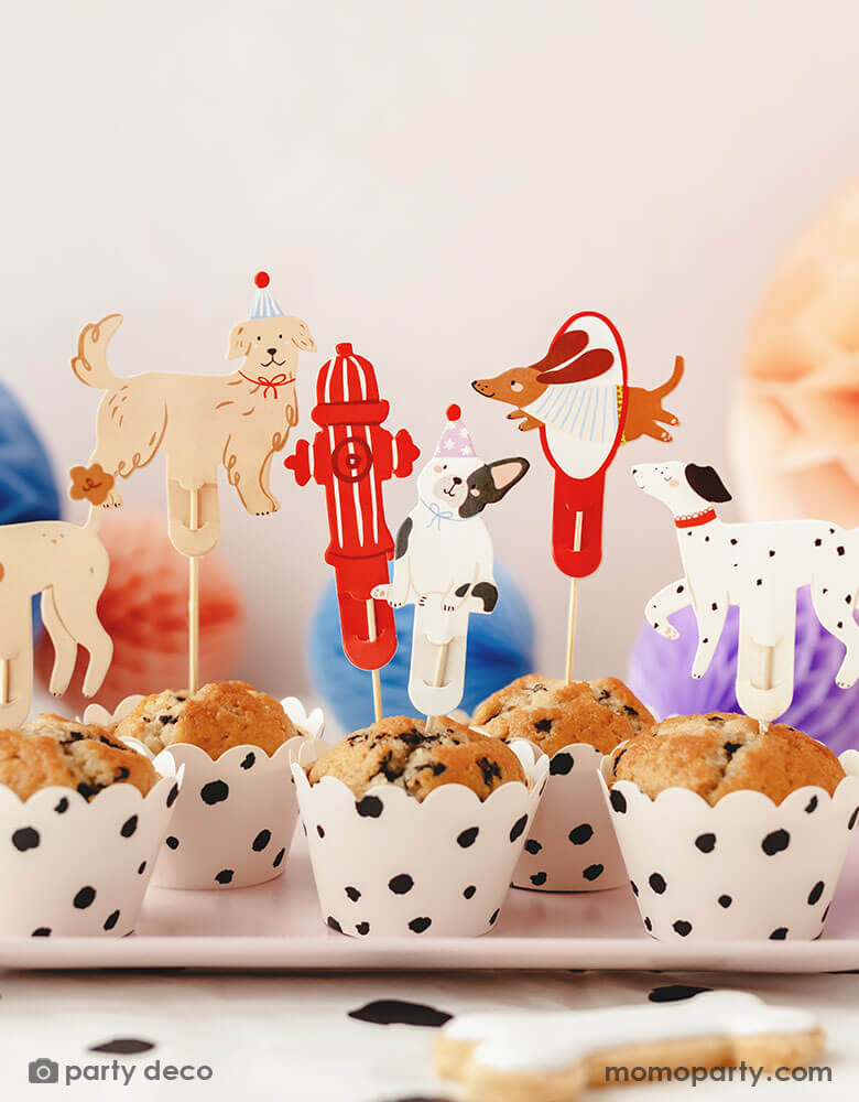 Several muffins in Dalmatian printed cupcake wrappers topped with Momopartys's puppy dog cupcake toppers by Party Deco. These adorable cupcake toppers comes in 7 designs with different dogs and a fire hydrate. Around the tray there are some honeycomb ball decorations in soft pastel colors on a Dalmatian printed tablecloth, along with bone shaped sugar cookies, this makes a great inspiration for a dog themed birthday party snack and decoration ideas!