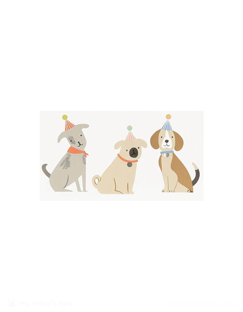 Momo Party's Puppy Temporary Tattoos by Meri Meri. Comes in a set of 2 tattoo sheets, each features 3 different kind's of dogs with birthday party hats on them, the adorable illustrations are perfect for kid's puppy dog themed birthday party activities or use them as the goodie bag fillers.