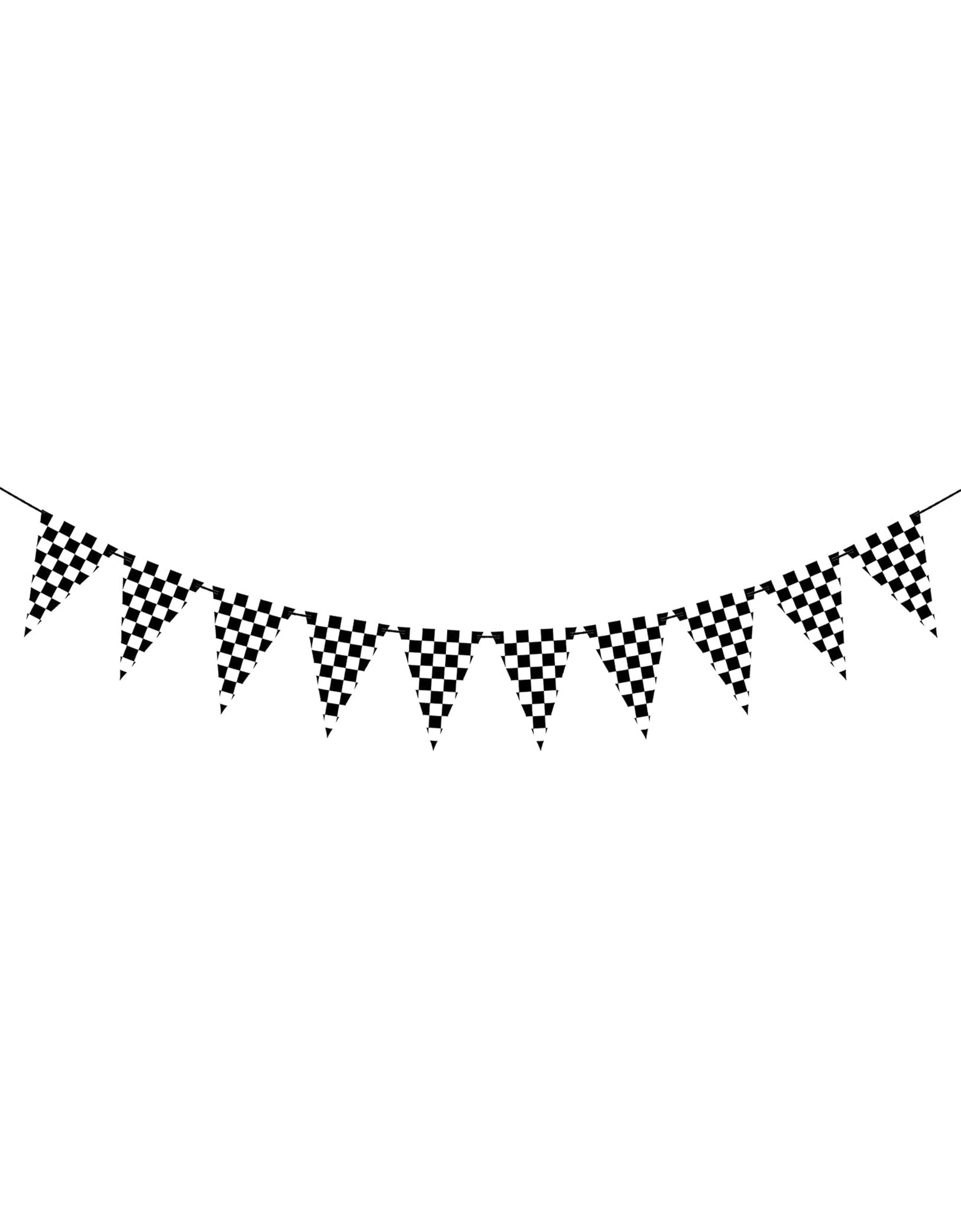 Momo Party's 9.8' Black and White Race Car Checkered Flags Party Banner. This black and white banner will add vroom to any celebration. Perfect for car-enthusiasts, this race car flag decoration will add speed and style to your festivities. Get ready to party with this race car themed banner!