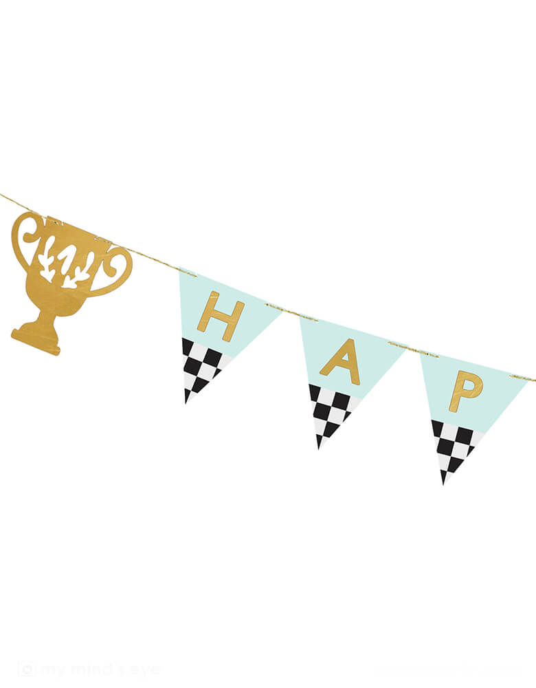 A close up of Momopartys's 9.8 ft Trophy Happy Birthday Banner by Party Deco. This pastel blue colored banner with checker accents with trophy pennants, with HAPPY BIRTHDAY written on it, it is perfect for kid's race car birthday party or a Two Fast second birthday party.