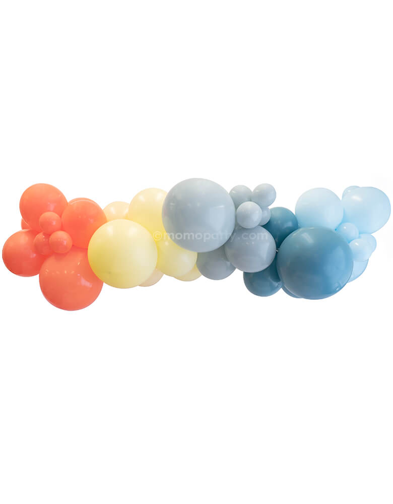 Momopartys Exclusive Race car 8-foot balloon Garland.  This Balloon cloud kit includes Assorted 17”, 11” and 5” race car-themed latex balloons in Coral, Pastel Yellow, Grey, Fog and Light Bule colors. Fishing line, balloon hand pump. This will be a spot light to decorate your race car themed party