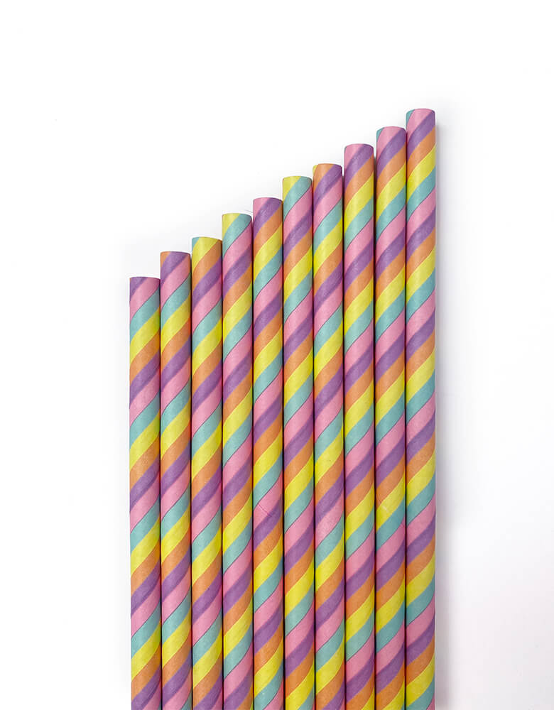 Momo Party's rainbow striped paper straws. Comes in a set of 25, these rainbow striped eco-friendly straws are made from paper. Mix and match with another pattern to create your own look.