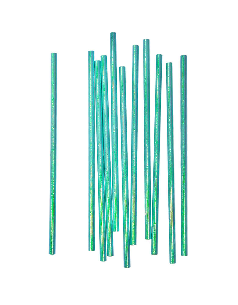Momo Party's Sea-Foam-Iridescent-Party-Straws. Comes in a set of 25 paper straws, these eco-friendly disposable straws feature Sparkle Foil in green iridescent color , is great for wicked birthday party, pool party, sea themed party, baby shower, Birthday party, Wedding, bridal shower, engagement,graduation celebrations or any celebration.