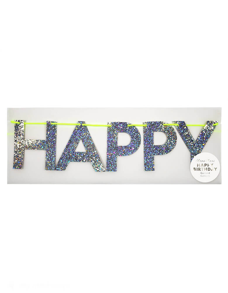 The package of Momopartys's 8ft Silver Happy Birthday Garland by Meri Meri. This spectacular Happy Birthday garland, spelling out a cheery message of good wishes in chunky holographic silver glitter on a neon cord - the perfect way to add a little extra sparkle!