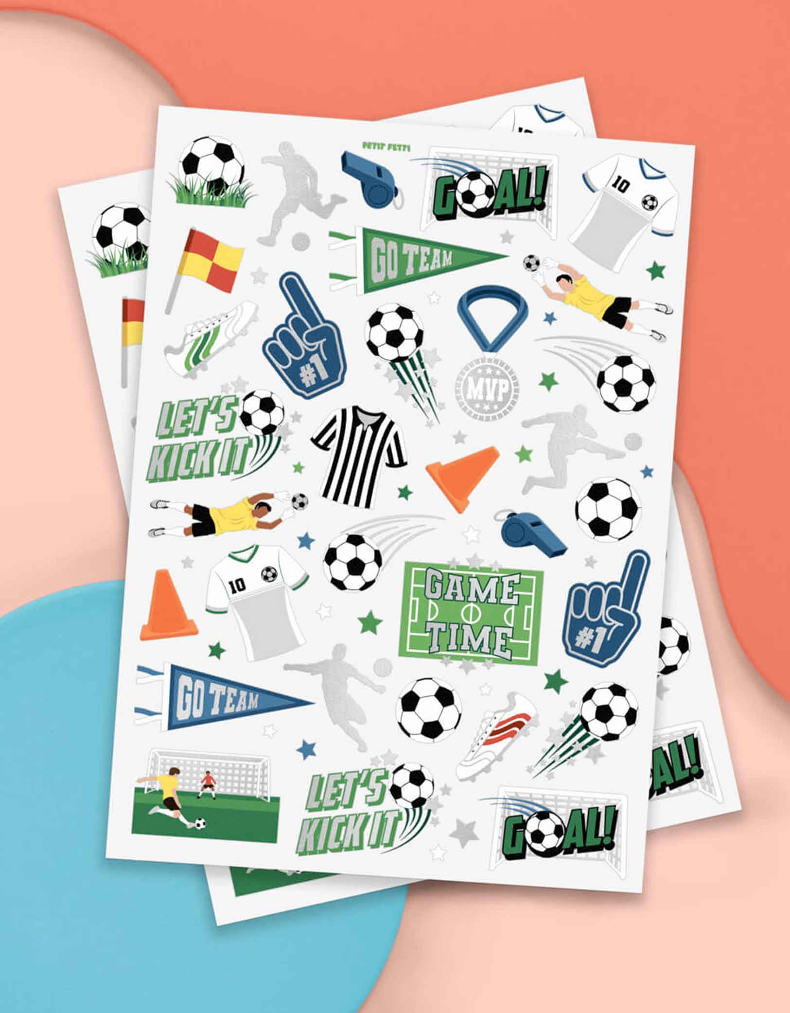 Momo Party's Soccer Kids Temporary Tattoos by Xo, Fetti. Comes in a set of 54 tattoos in soccer themed designs including soccer balls, soccer jerseys, training cones, soccer players, these soccer temporary tattoos are great for kid's soccer themed birthdays or a watching parties.