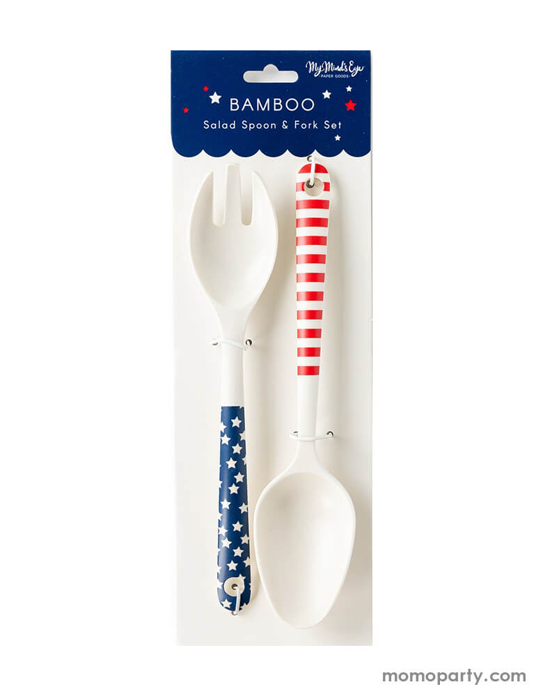 package of SSP924 - STARS AND STRIPES SALAD SPOON AND FORK REUSABLE BAMBOO SERVING-WARE by My Mind's Eye. Created from bamboo, this serving-ware is reusable, this patriotic flair stars and stripes serving spoons is perfect to use for all your summer celebration from Memorial Day to Fourth of July. Morden and high quality party supplies, party online store, party boutique online store, party supplies at momopartys.shop