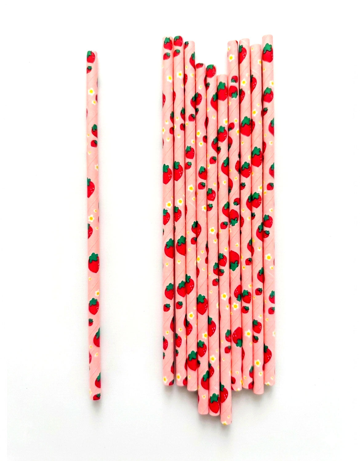 Momo Party's set of pink straws with strawberry pattern on a white background.