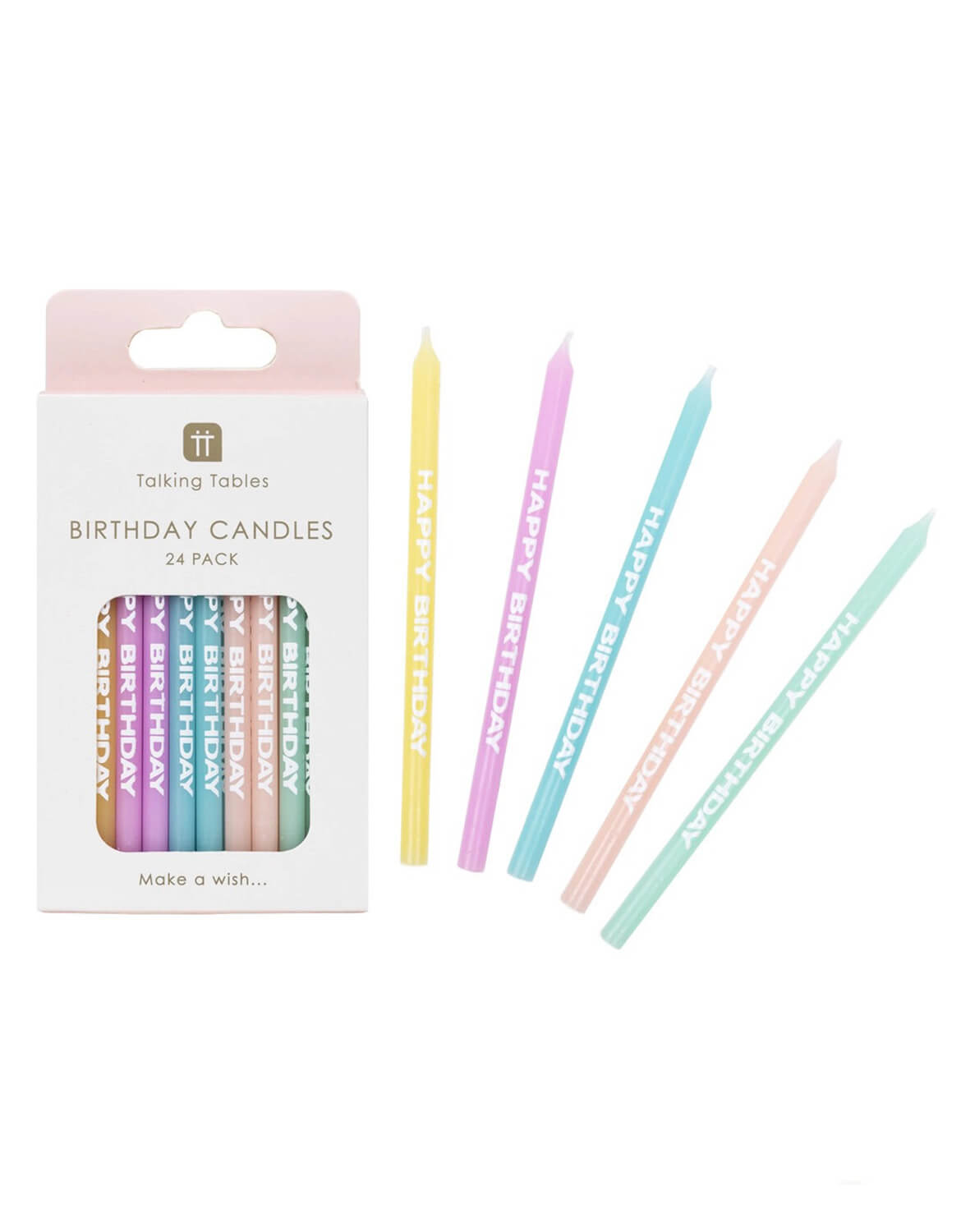 Momo Party's set of birthday candles with pastel Happy Birthday designs and its package by Talking Tables on a white background.