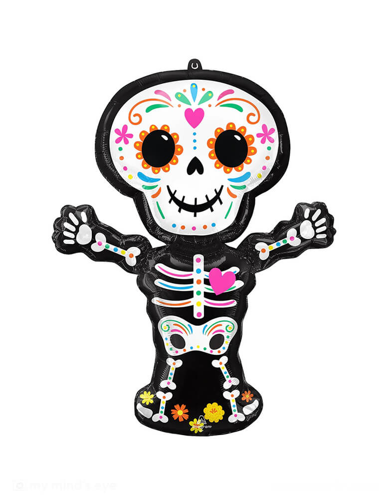 Momopartys 34" Day of the Death Standing Skeleton Foil Balloon by Anagram Balloons. Bring a spooky-good time to your Day of the Dead celebration with this Skeleton-Shaped Foil Mylar Balloon! It includes a self-sealing valve, preventing the gas from escaping after it's inflated. The balloon can be inflated with helium to float or with a balloon air inflator. 