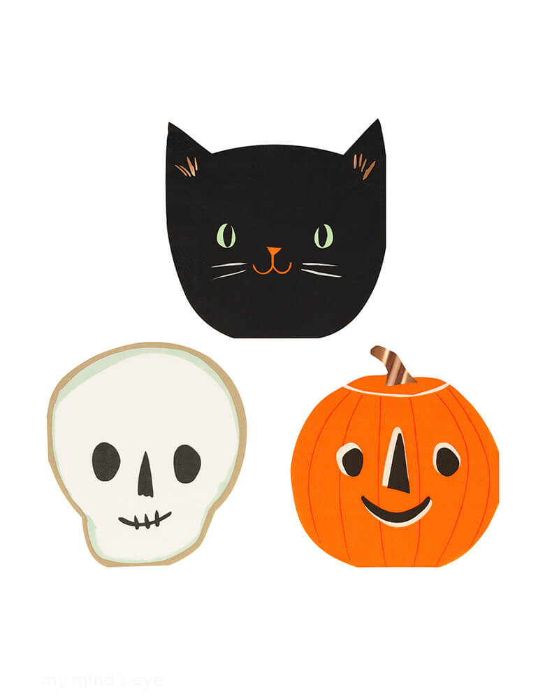 Momo Party's 6.125 x 6.5 inches It's Halloween! Napkins by Meri Meri. These Halloween vintage-look napkins, featuring a happy black cat, pumpkin and skull-shaped designs, will definitely thrill your party guests. These boo-tiful napkins will also make your party table look terrific. They're great for all ages, and are ideal for a cocktail party too.