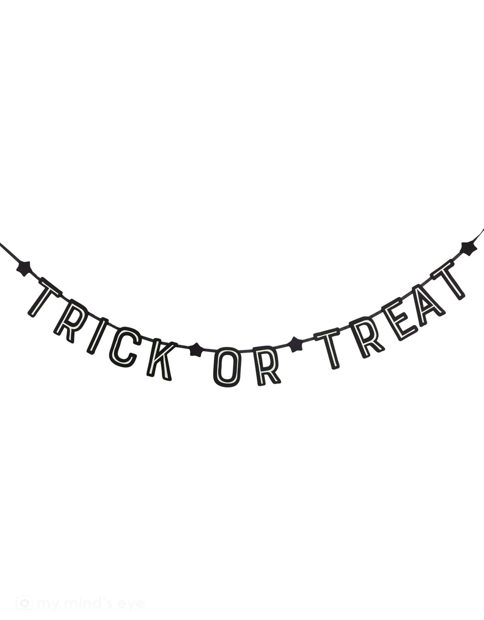 Momo Party's 6 ft Trick or Treat Glow in the Dark Felt Banner by My Mind's Eye on a white background.  Ideal for Halloween celebrations, it brings a cheerful charm by day and glows eerily when the lights dim. Perfect to hang on doors, mantels, or walls, it instantly sets a festive mood that will thrill both trick-or-treaters and party guests. Reuse it year after year for endless Halloween fun!