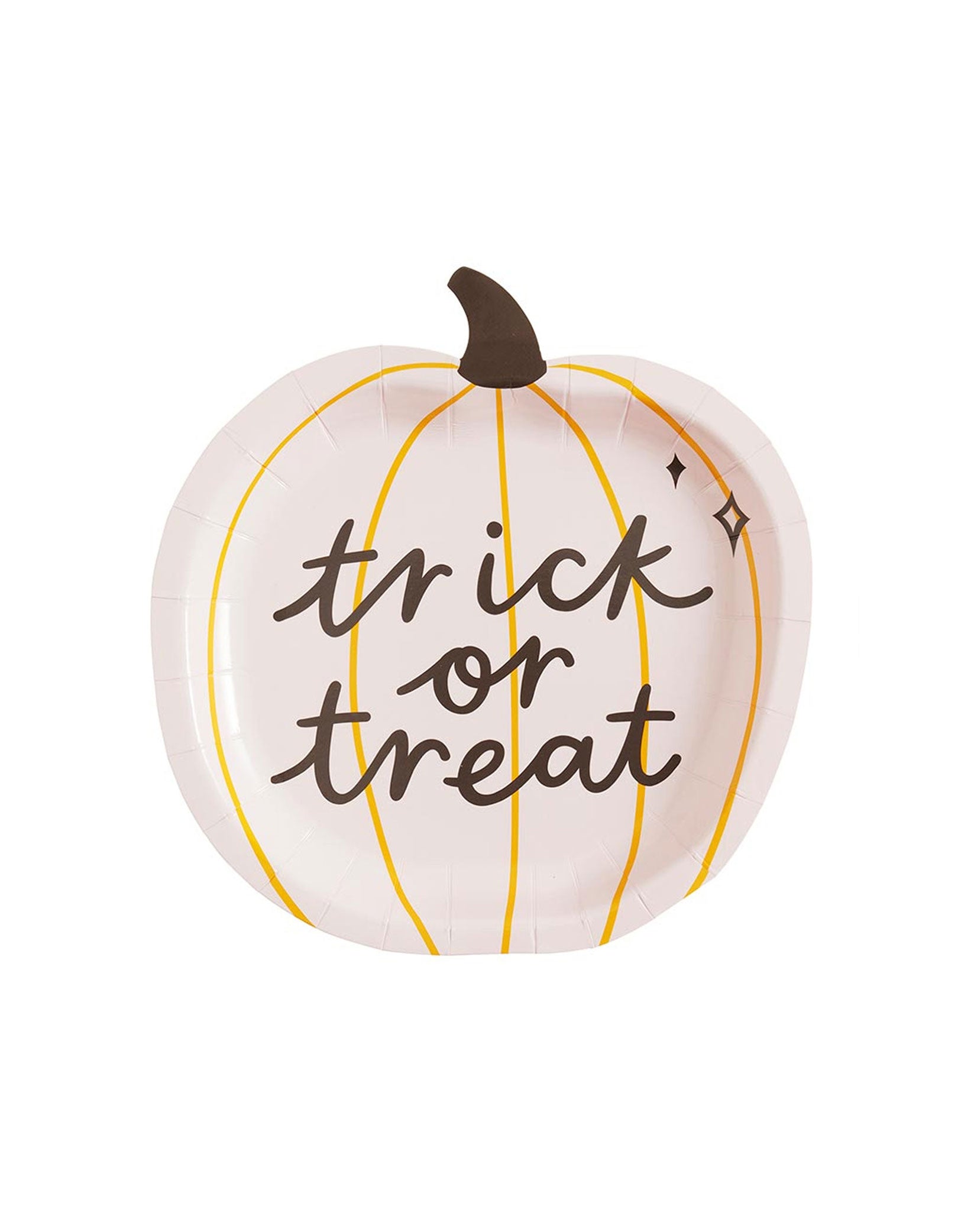 Momo Party's 8.2" x 8.5" trick or Treat Pumpkin Shaped Plate by Slant. Comes in a set of 8 paper plates, elevate your Halloween festivities with these adorable trick or treat pumpkin shaped plates. Adds a spooky vibe to your party table, perfect for your Halloween celebrations!