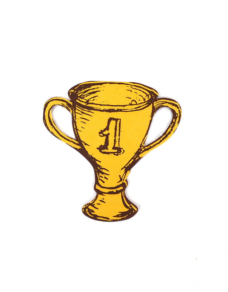 Momo Party's 7" Trophy shaped napkins by Gatherings. Celebrate your little sports star's achievements with these awesome Champion Trophy Shaped Napkins from Momopartys. Perfect for kid's race car themed birthday, sports celebration, these napkins will make your party a winner, whether it's the first place in a school competition or just a fun celebration at home.