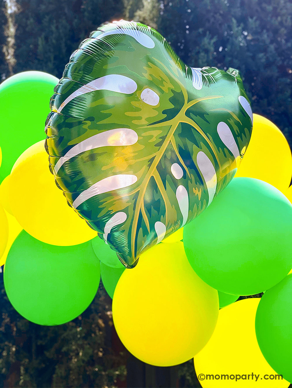 A festive green and yellow balloon arch decorated with Momopartys's 21" Palm Leaf Foil Balloon. A perfect idea for a tropical, luau or island themed party in the summer - be it a summer backyard BBQ gathering, a birthday party or just a summer cookout event!