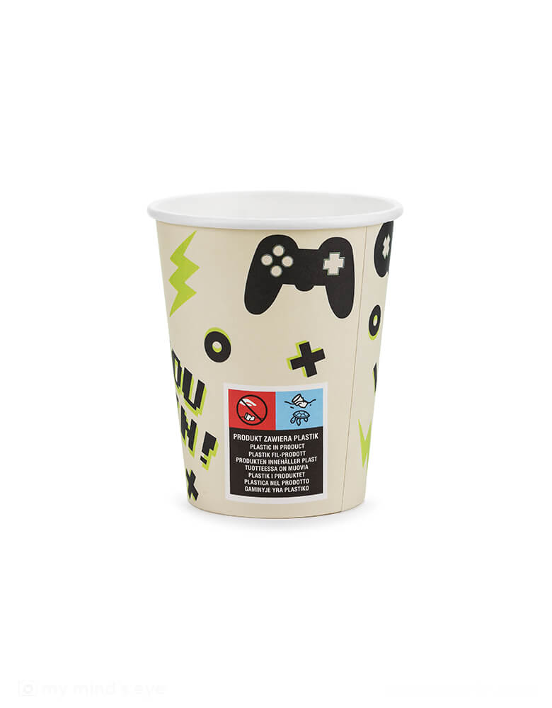 The back of Momopartys's 7.4 oz Video Game Party Cups by Party Deco with. Designed with a game device motif pattern with a pixelated word "PLAY" on it, this set of 6 party cups is perfect for any gamer. They add a playful touch to your kid's video game themed party or birthday celebration.