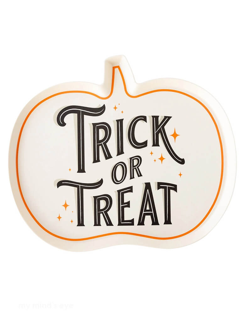 Momo Party's 17" x 14.5" Trick or Treat Pumpkin Shaped Bamboo Serving Plate by My Mind's Eye. This food-safe, dishwasher-safe pumpkin-shaped tray is made from sturdy bamboo and is perfect for serving snacks or organizing small items. A must-have for any Halloween gathering!