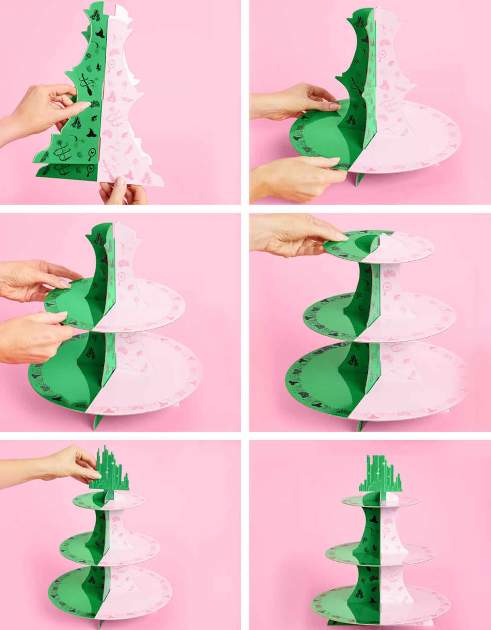 A step-by-step assembly of Momopartys's green and pink cake stand with Wicked's Emerald City design at the top on a pink background.