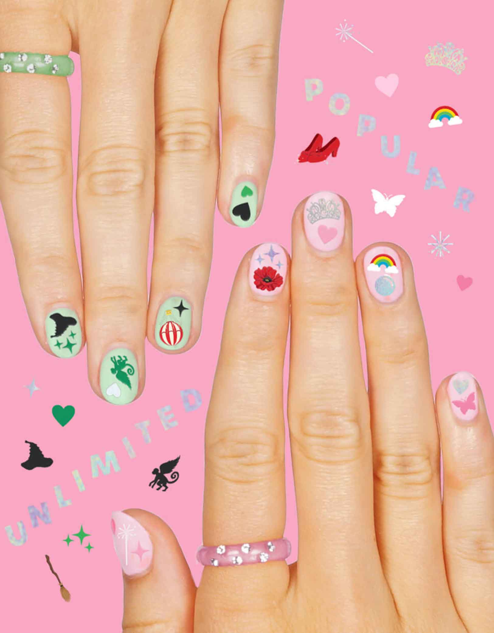 Nails decorated with Momopartys's Wicked Emerald City Nail Stickers by Xo, Fetti, featuring wicked themed elements including witch hats, bubbles, hot air balloons, butterflies, tiaras, rainbows, sparkles, witch's brooms,  they’re perfect for a fun, themed activity that lets guests express their playful side. Easy to apply and remove, these stickers bring a splash of fantasy to your fingertips, making every celebration a little more spellbinding.