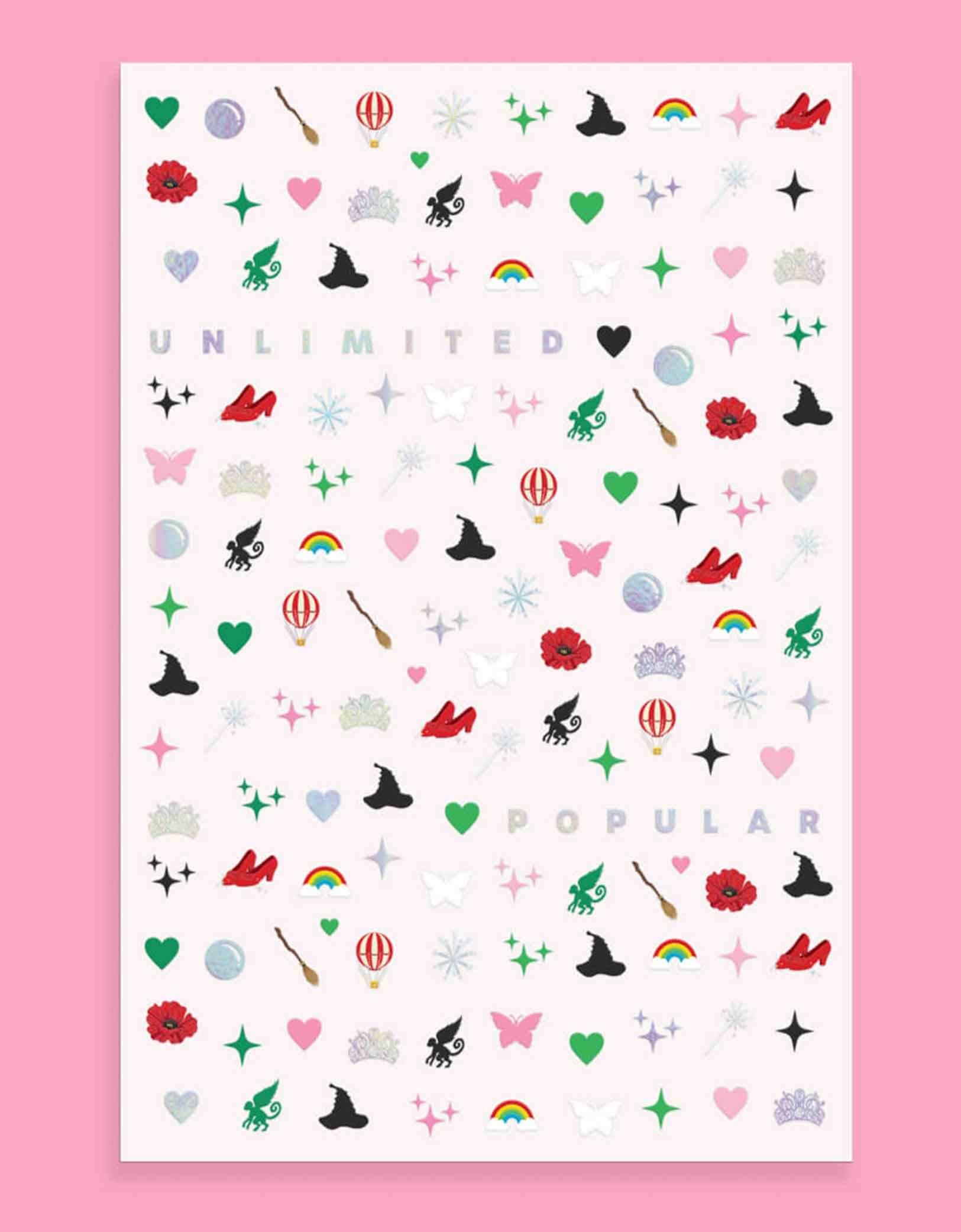 Momo Party's Wicked Emerald City Nail Stickers by Xo, Fetti, featuring wicked themed elements including witch hats, bubbles, hot air balloons, butterflies, tiaras, rainbows, sparkles, witch's brooms,  they’re perfect for a fun, themed activity that lets guests express their playful side. Easy to apply and remove, these stickers bring a splash of fantasy to your fingertips, making every celebration a little more spellbinding.