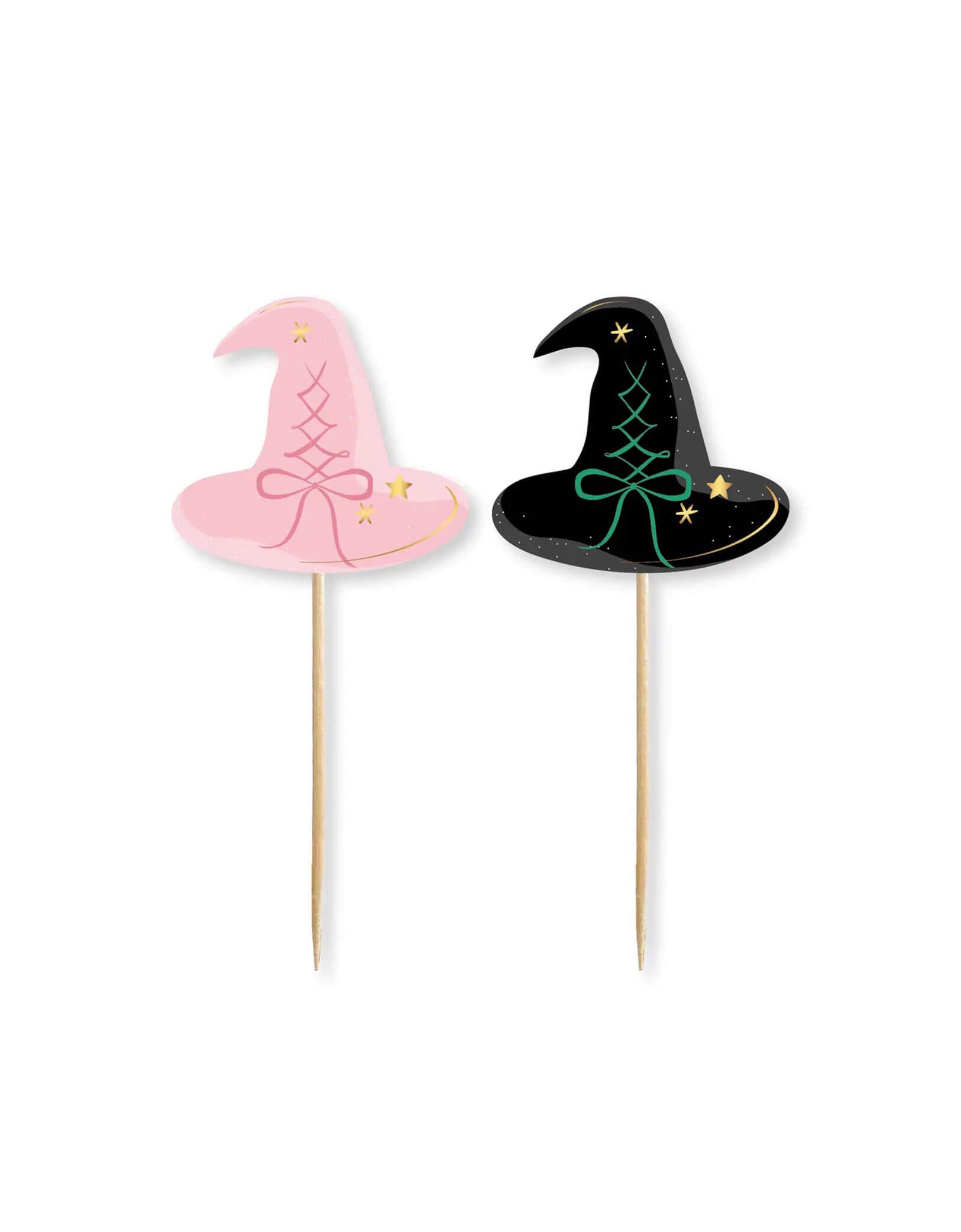 Two witch hat cupcake toppers on sticks, one pink and one black with green accents from Momopartys, on a white background. These toppers are perfect for a Wicked themed party.
