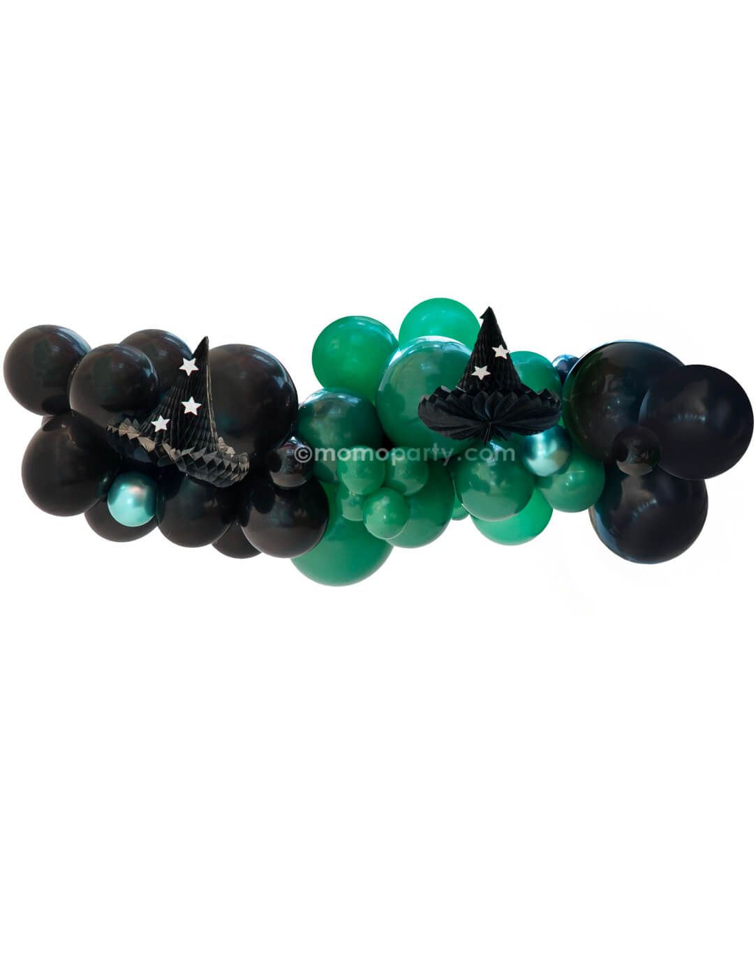 Momopartys Wicked Witch Balloon Cloud Kit for Wicked themed Party. This balloon Garland assorted 16", 11” & 5” Wicked Elphaba inspired Wicked witch themed latex balloons in green, chrome green and black and Hanging Honeycomb Witch Decoration Set.
