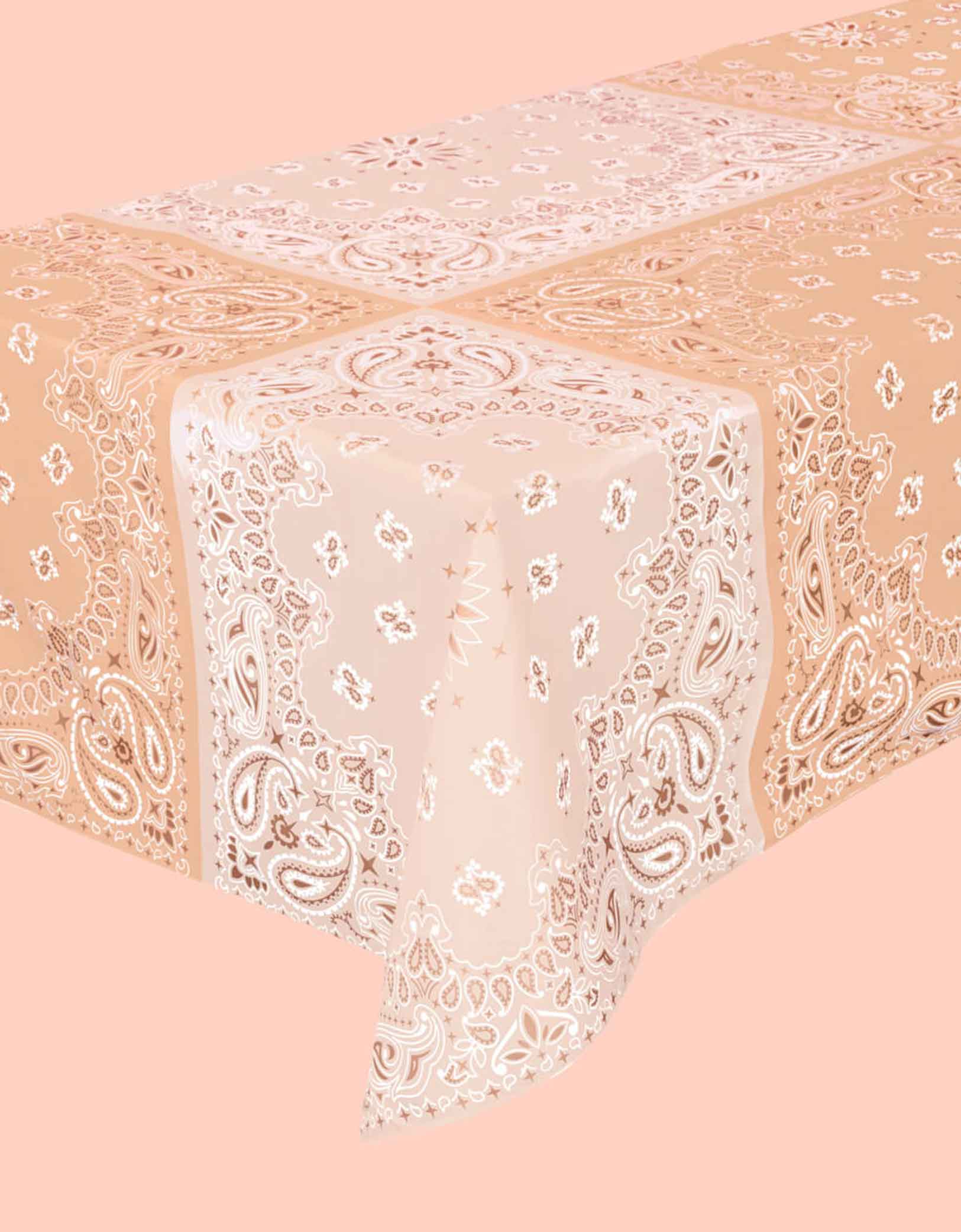 Momo Party's 9' x 4' Wild Wild West Washable Tablecloth by Xo, Fetti. With peach shade bandana design, this table cover is made with 100% machine wash friendly polyester. It's perfect for a western themed celebration for all cowboys and cowgirls! This tablecloth is guaranteed to get the party as wild as the wild wild west! Saddle your horse and invite all of your rodeo partners because this party is about to get wild!
