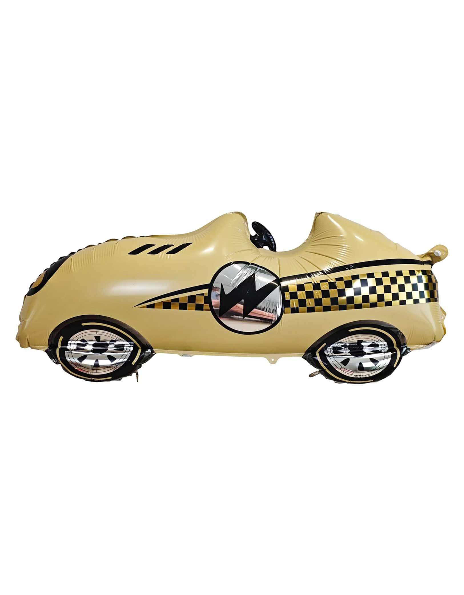 Momo Party's 43" x 19" Yellow Vintage Race Car Foil Balloon. It's a must-have for your little speedster's 'Fast One' first birthday, 'Two Fast' second birthday, or any race car themed celebration!