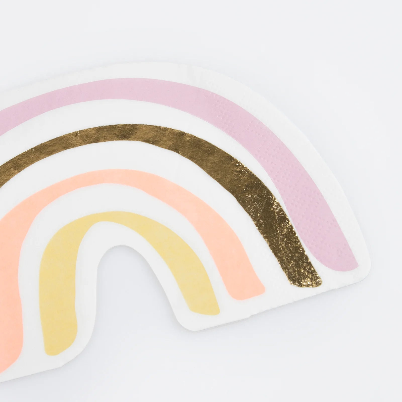 Details of a boho rainbow with gold details die-cut napkin from Momopartys's Happy Face Icons Diecut Napkins by Meri Meri.  This set of napkins are perfect for any happy celebration. Be it a groovy themed party or a retro nostalgia themed celebration.