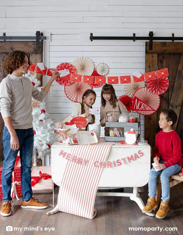 Try My Minds Eye’s unique Believe postcard plates for a charming christmas party. Winter, Santa and reindeers or a Polar express themed party. Naughty or nice, send a message to Santa at the north pole! Set a festive table with other Christmas goods from momopartys.shop like Santa plates gingham prints, red striped table runners, letter napkins, north pole pennant, red party fans and merry christmas banners