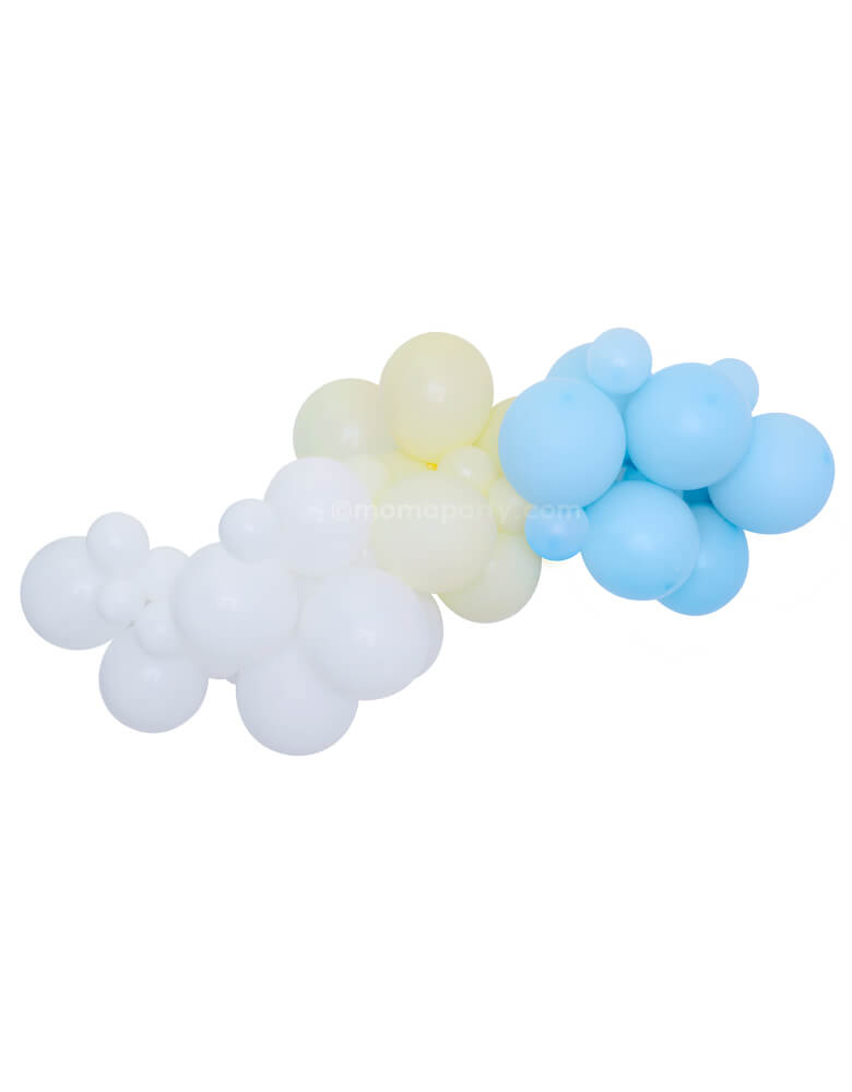 Airplane Balloon Cloud Kit By Momopartys. Assorted with 11” (large) & 5” (small) Airplane-themed latex balloons in colors of white, ivory and light blue. made in USA