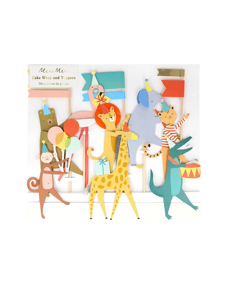 Momo Party's Animal Parade Cake Wrap & Toppers by Meri Meri. Featuring multiple animals marching including a lion, an elephant, a giraffe, an alligator, a monkey, a flamingo, and a bear, each of them have a party hat on them, in festive and cheerful colors, makes it perfect for kid's birthday cake decorations.