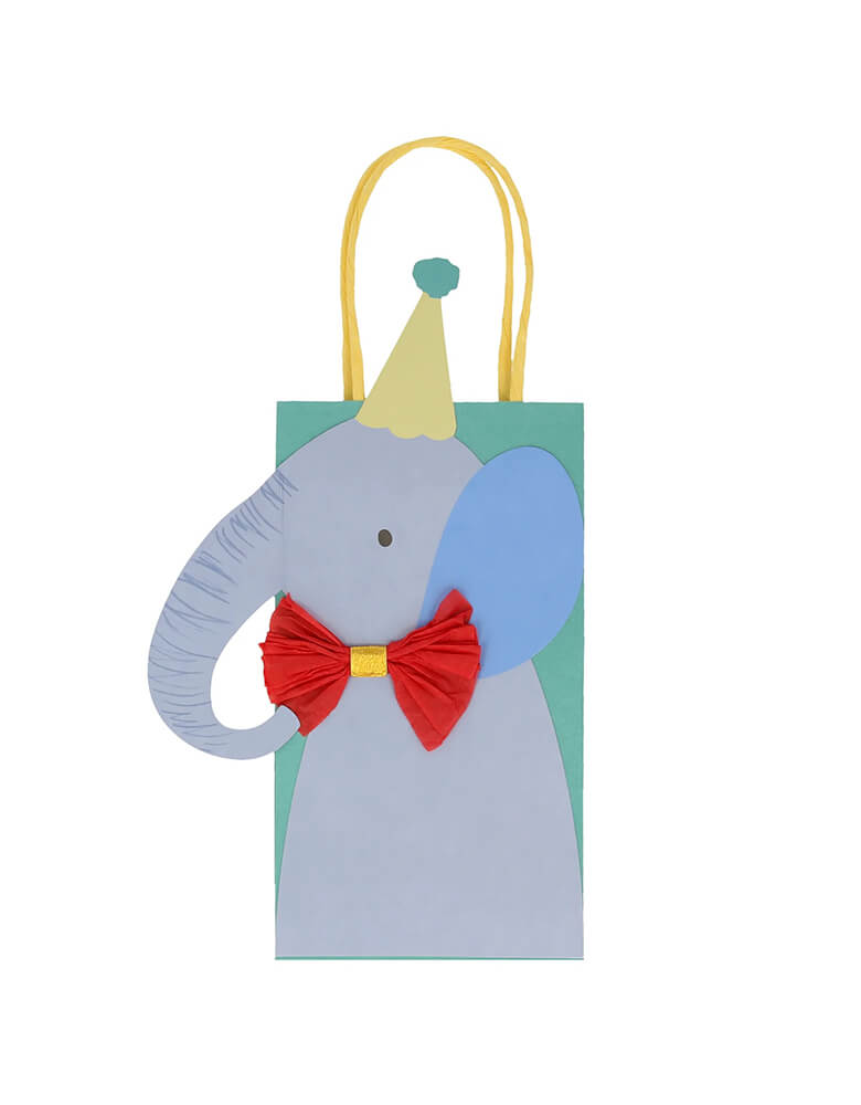 Momo Party's Animal Parade party bags by Meri Meri. Featuring a lion, a crocodile, a giraffe and an elephant, with their eye-catching embellishments they make great gift bags too. These make great party favor bags for a "Wild One" first birthday party or a "Two Wild" second birthday party for babies.