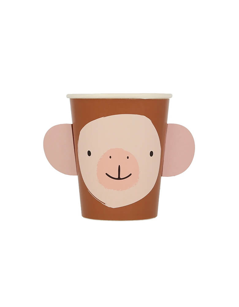 Monkey cup from Momopartys's 9oz animal parade party cups by Meri Meri, comes in a set of 8 party cups in 4 designs of 4 designs: monkey, elephant, crocodile and lion, these adorable party cups are 3D dimensional and are perfect for kid's zoo, safari, or jungle themed birthday party, or even baby's "Wild One" first birthday party or a "Two Wild" second birthday party!