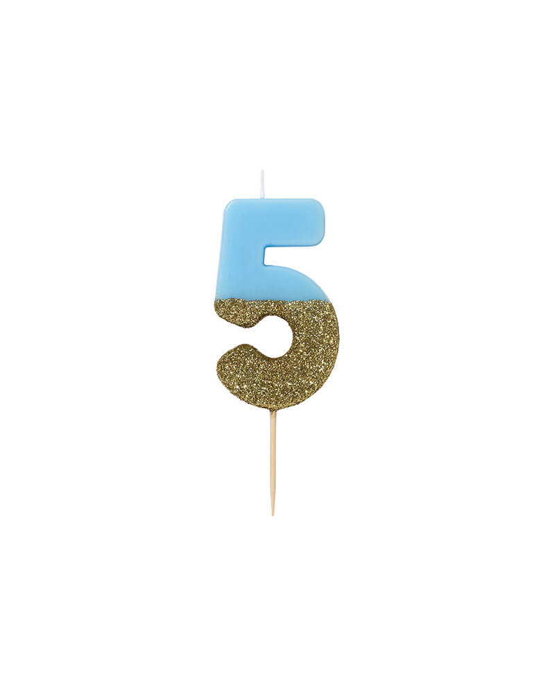 We Heart Birthday Blue Glitter Candle - Number 5 Candle in Blue and Gold Glitter