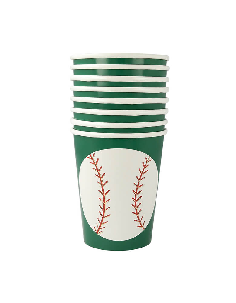 Momopartys 9 oz Baseball Party Cups by Meri Meri, comes a set of 8 cups,  featuring green cups like the baseball field and baseball design, perfect for kid's baseball themed birthday party.