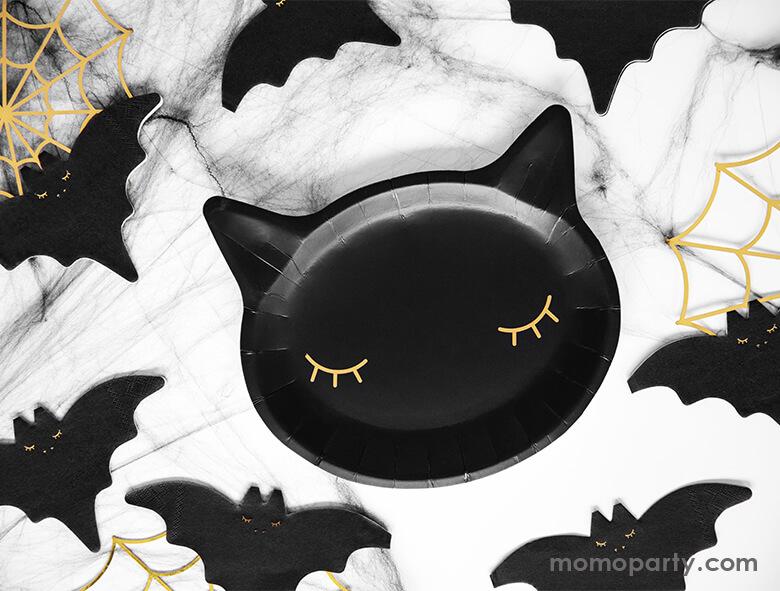 A not-so-spooky Halloween table decorated with Party Deco Black cat Plates, Bat napkins and gold spider web decorations. For Kids Not-so-scary Halloween party, hocus pocus party, trick-or-treating party, black cat halloween, spooktacular halloween party and all halloween related celebrations. Find these Morden and high quality party tableware at party online store, party boutique online store, party supplies at momopartys.shop