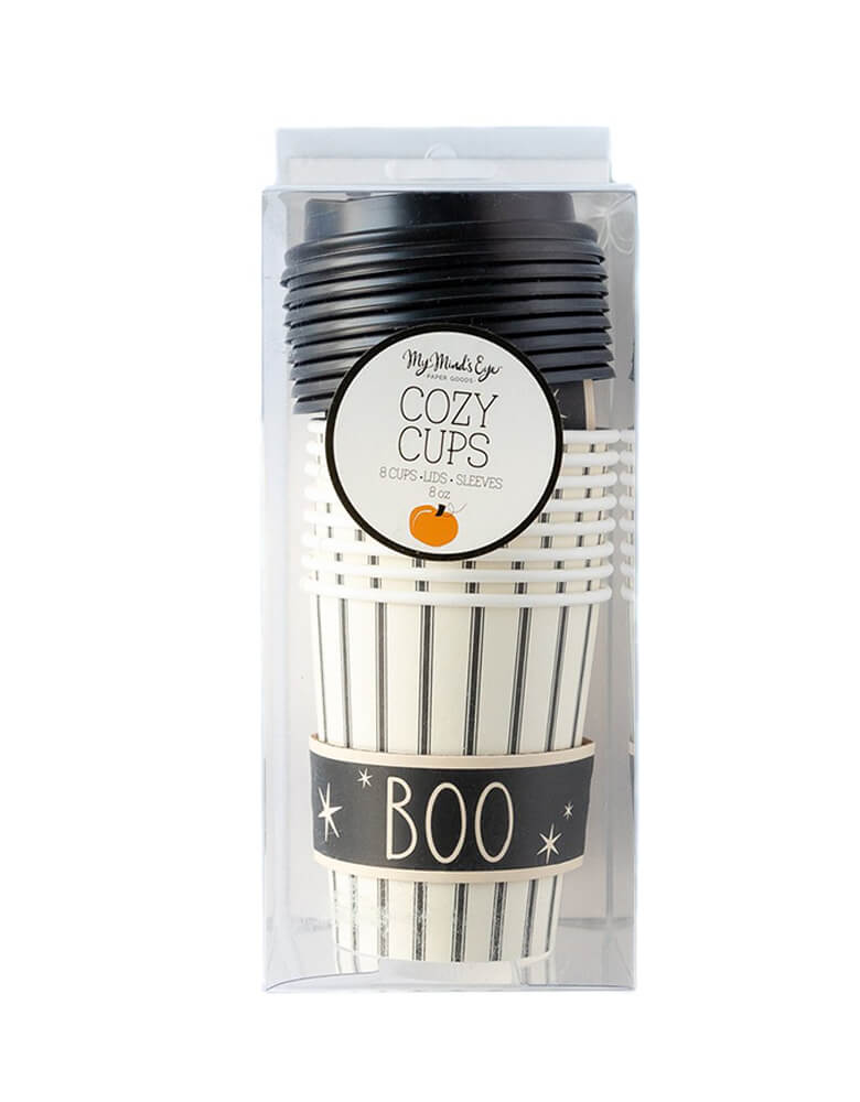 My Mind's Eye - PLLC357- BOO TO-GO COZY CUPS in a clear package. These 8 oz coffee cups with sleeves and lids, this halloween To-Go Cozy Cups featuring modern black stripes with sleeve in black print with "BOO" text, super fun and modern coffee cups for halloween season