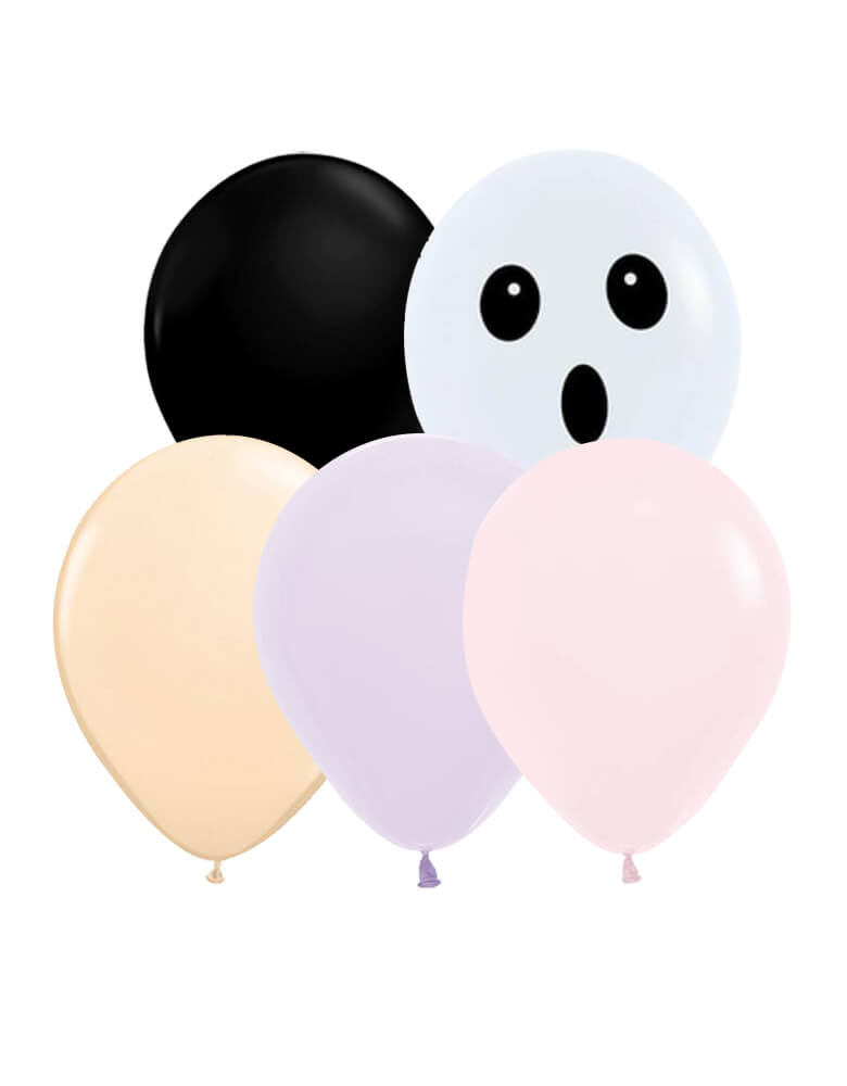 Momopartys Halloween Boo To You Halloween Latex Balloon Mix. Set of 12, including matte pink, matte lilac, blush, black and ghost face balloons. Qualatex latex balloon,  made in USA