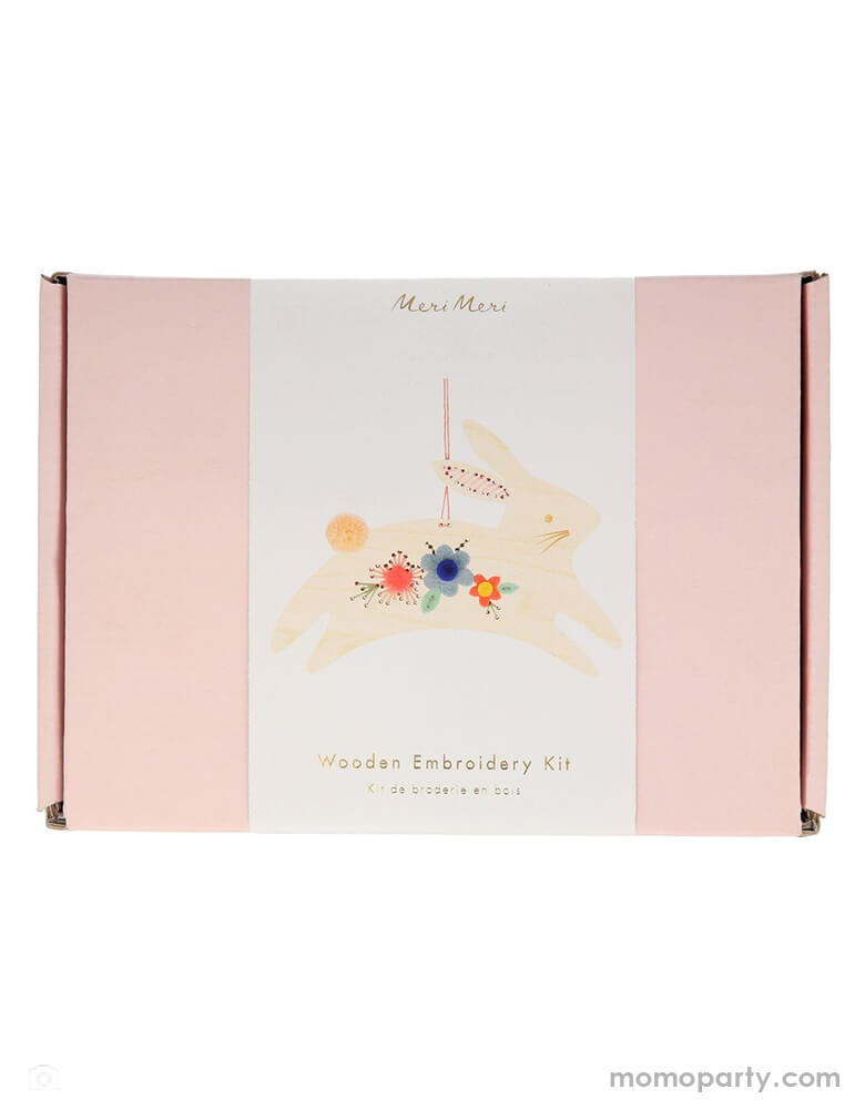 Meri Meri Bunny Embroidery Kit in a pink paper box. It's a wonderful creative Easter gift that is fun to make, and is then a fabulous decoration to hang up. A perfect no-candy gifts for little ones this Easter, or springtime, Valentine activities or any girls birthday 