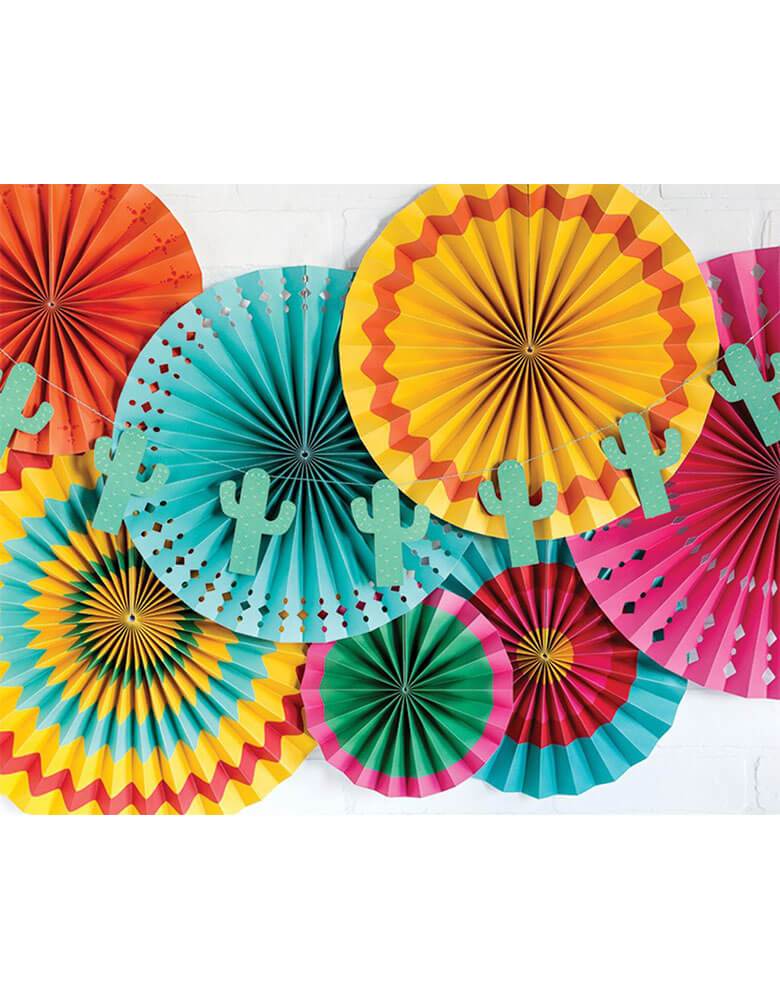 my minds eye Fiesta Party Fans with Cactus banner for an effortless backdrop decor, great for a Summer Fiesta cactus themed celebration, or birthday party 