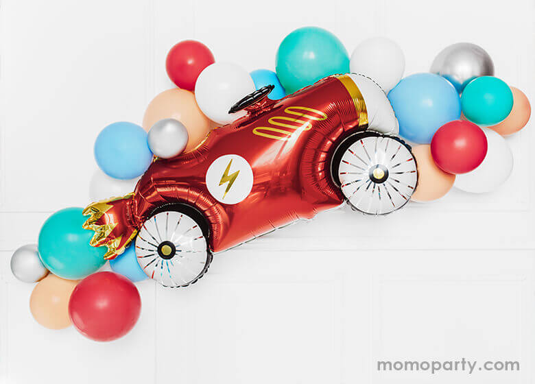 Party Deco 36 inch Car Foil Mylar Balloon, with a lighting icon on it's red car body with gold foil details. red, mint, blush and red balloon garland. Sold by Party Boutique Online at momopartys.shop  provided modern party supplies, boutique party supplies, chic holiday party supplies and high end party supplies