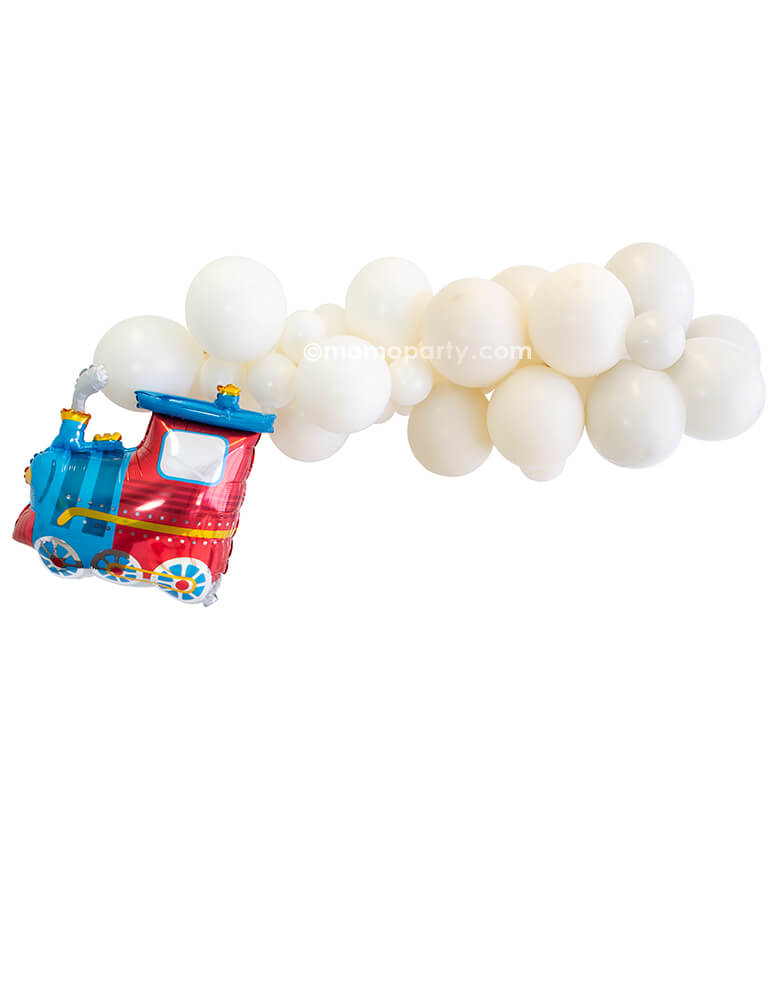 Choo Choo Train Balloon Cloud Kit By Momopartys. Assorted with 11” (large) & 5” (small) Train themed latex balloons in colors of Lace, White Sand and stone,  just like the train smoke, with a train foil balloon together, are perfect decoration for a train themed birthday party,  made in USA